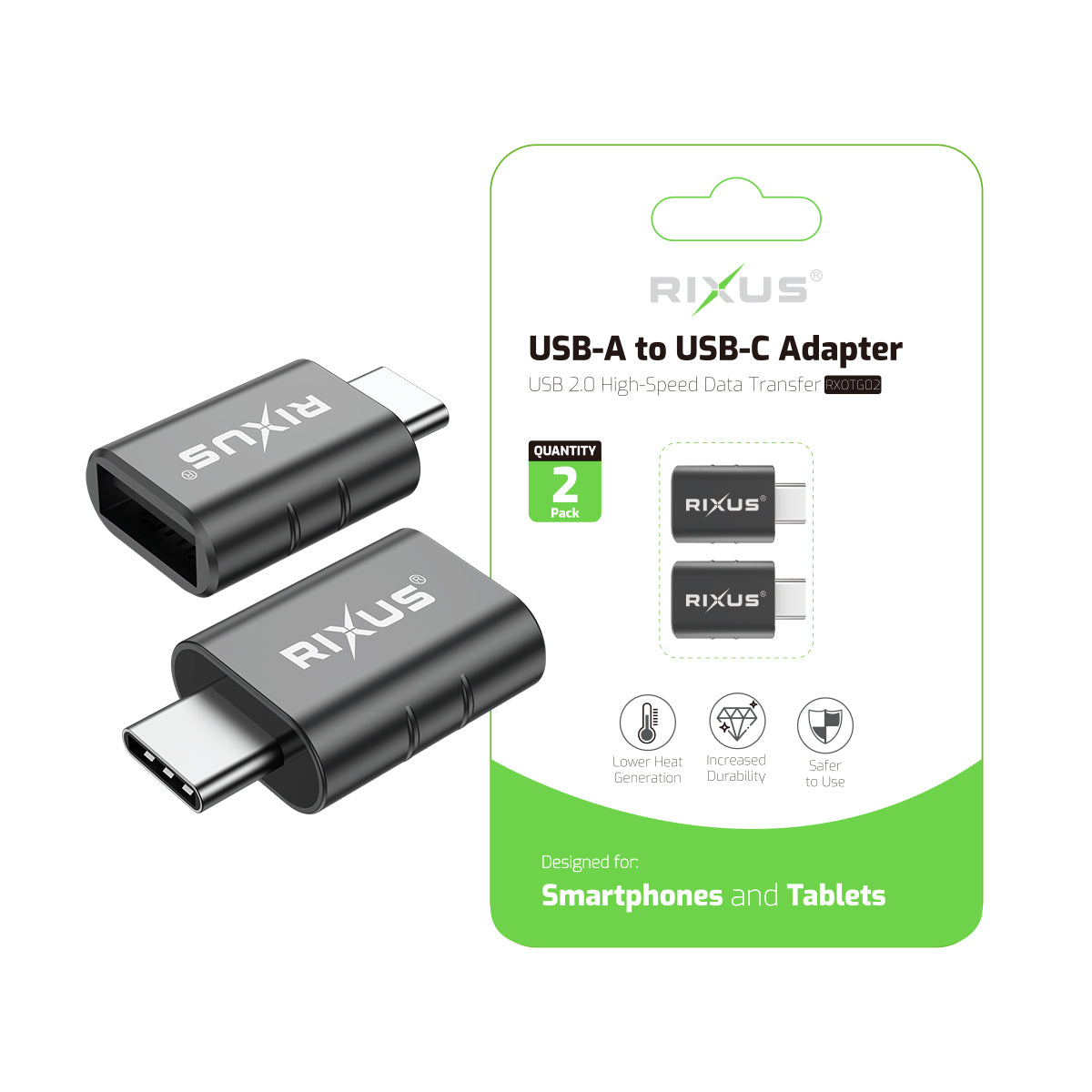 Rixus RXOTG02 USB-A To USB-C OTG Adapter Space Gray (2-Pack)