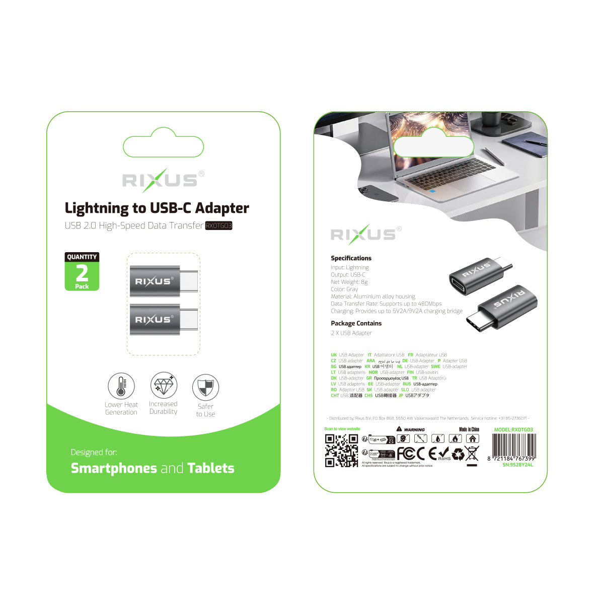 Rixus RXOTG03 USB-C To Lightning Connector OTG Adapter Space Gray (2-Pack)