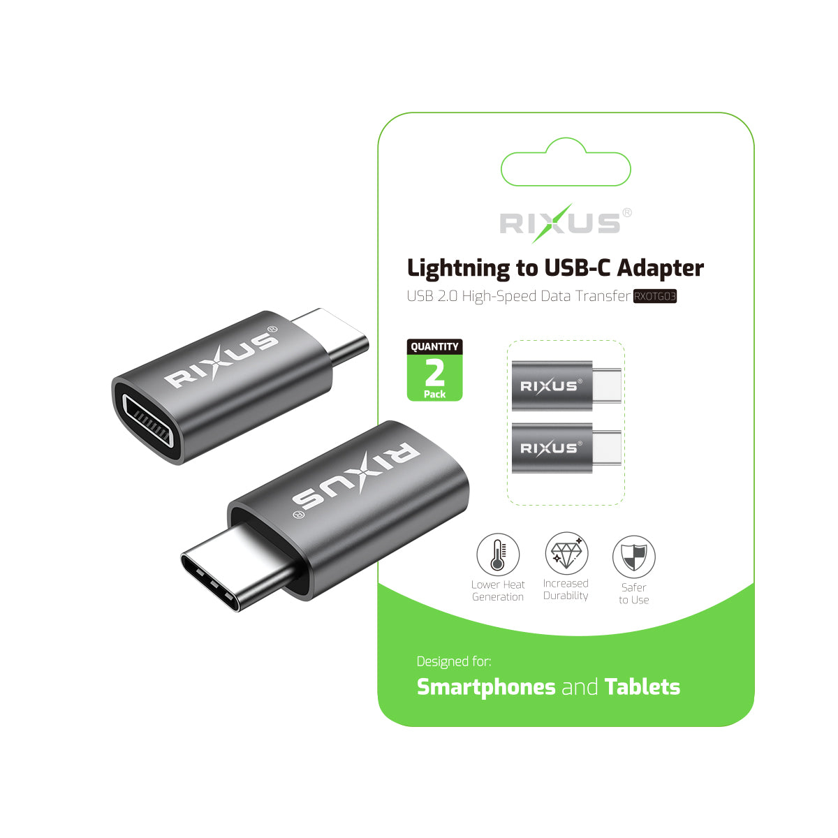 Rixus RXOTG03 USB-C To Lightning Connector OTG Adapter Space Gray (2-Pack)