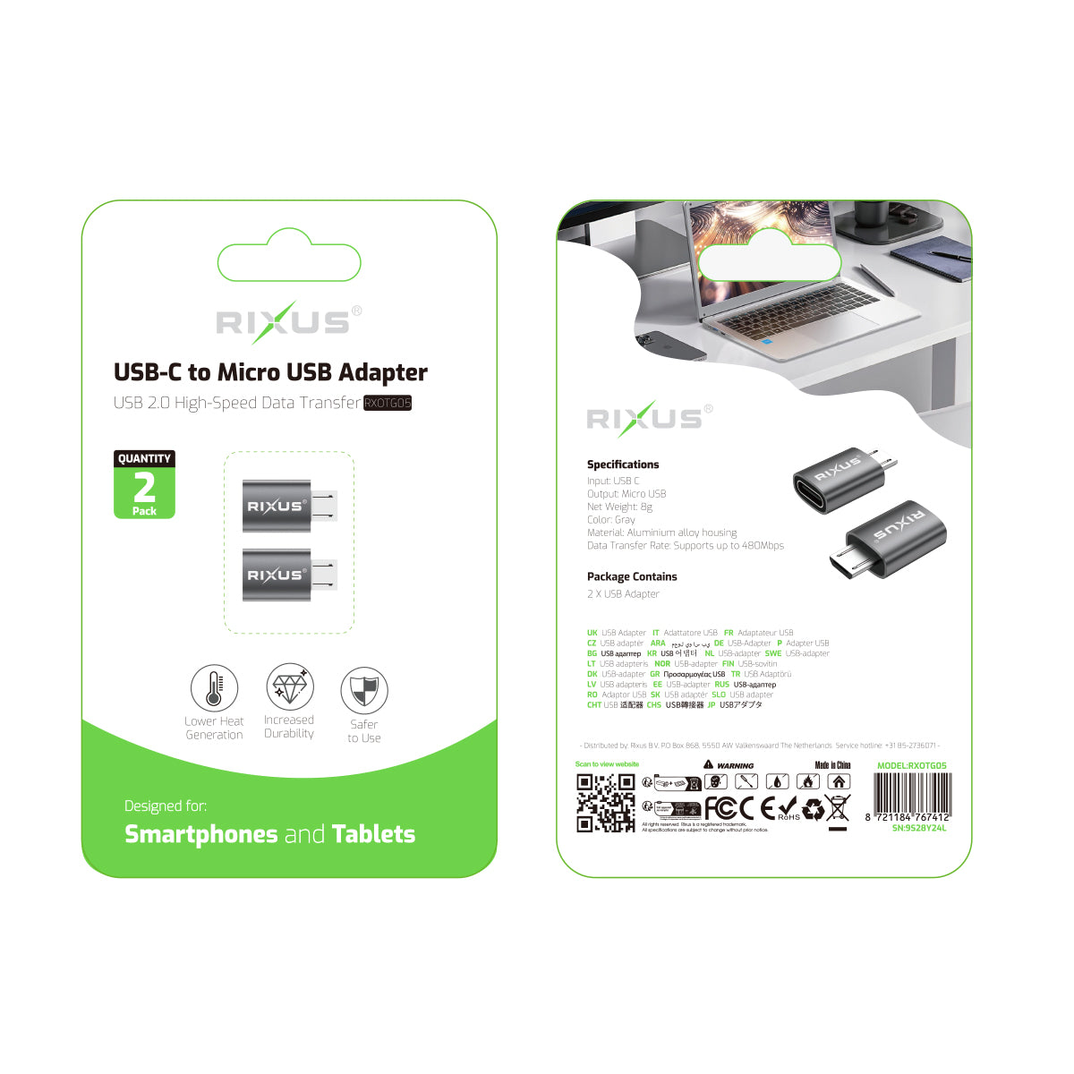 Rixus RXOTG05 Micro To USB-C OTG Adapter Space Gray (2-Pack)
