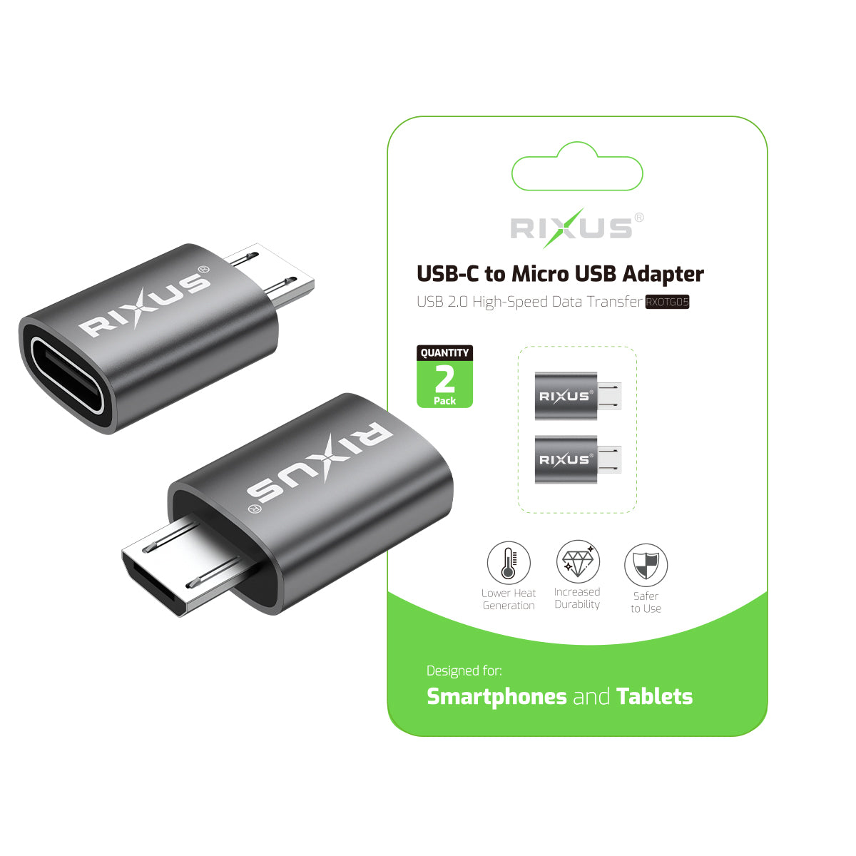 Rixus RXOTG05 Micro To USB-C OTG Adapter Space Gray (2-Pack)