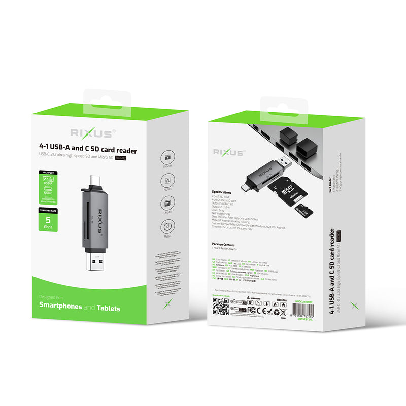 Rixus RXCR02 4-1 USB 3.0, USB-C To SD/TF Card Reader Space Gray