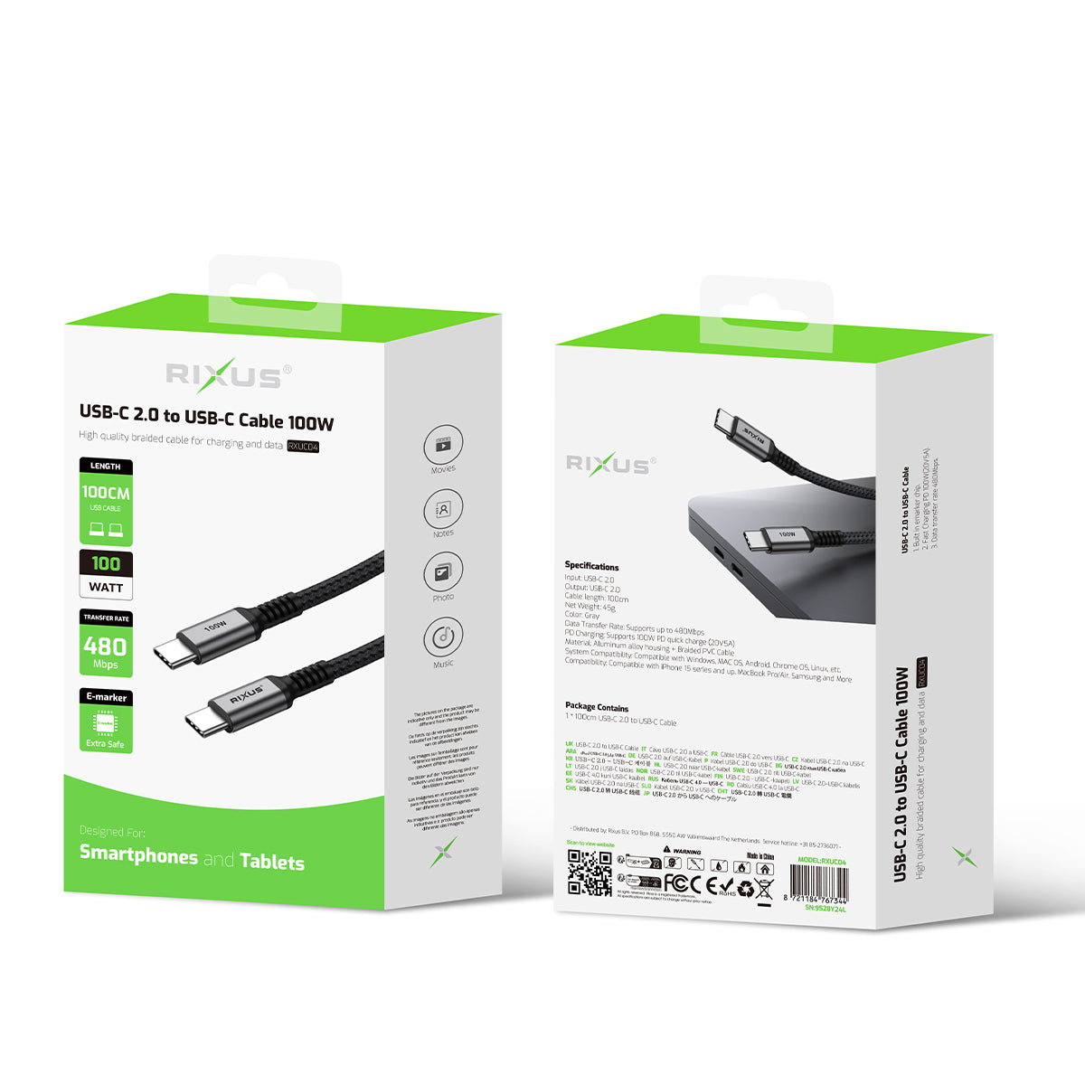 Rixus RXUC04 USB-C 2.0 To USB-C Cable 1m 100W Space Gray