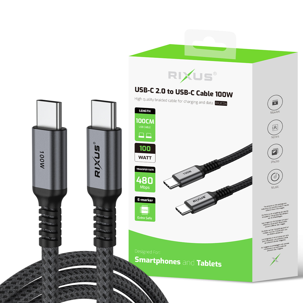 Rixus RXUC04 USB-C 2.0 To USB-C Cable 1m 100W Space Gray