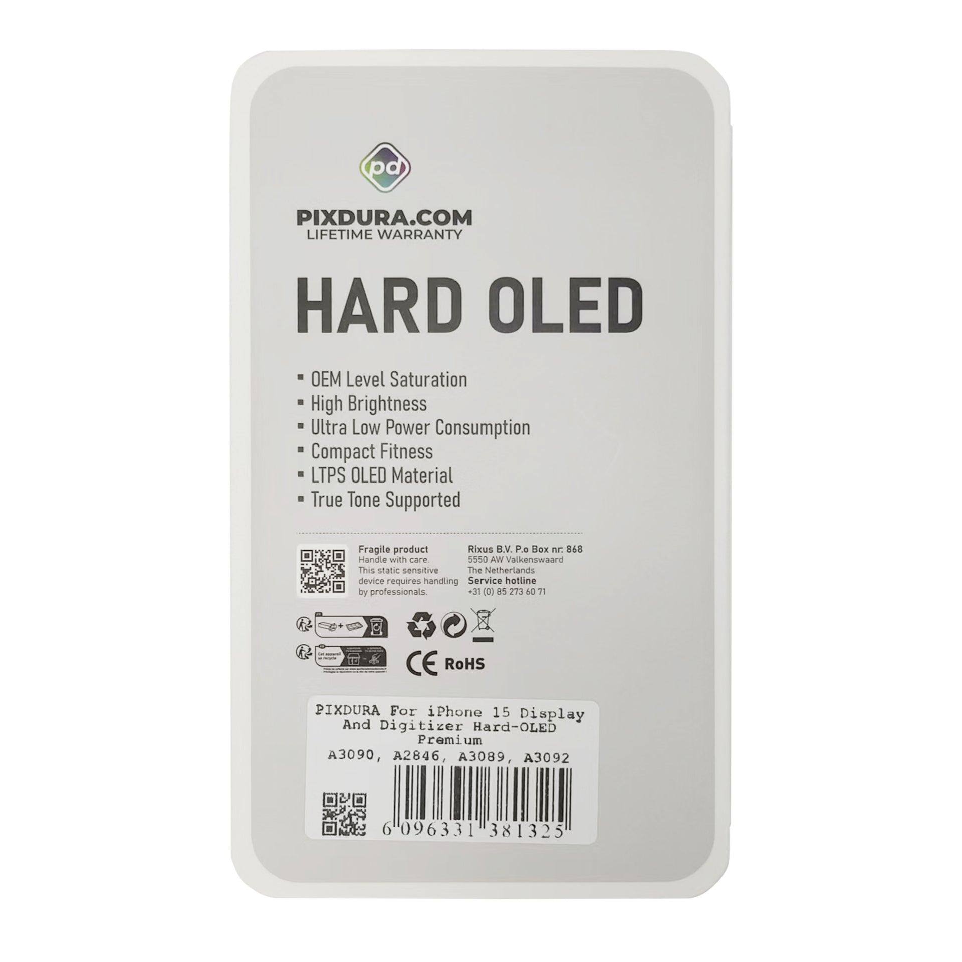 PIXDURA For Apple iPhone 15 Display And Digitizer Hard-OLED Premium (IC Removable) (90Hz)