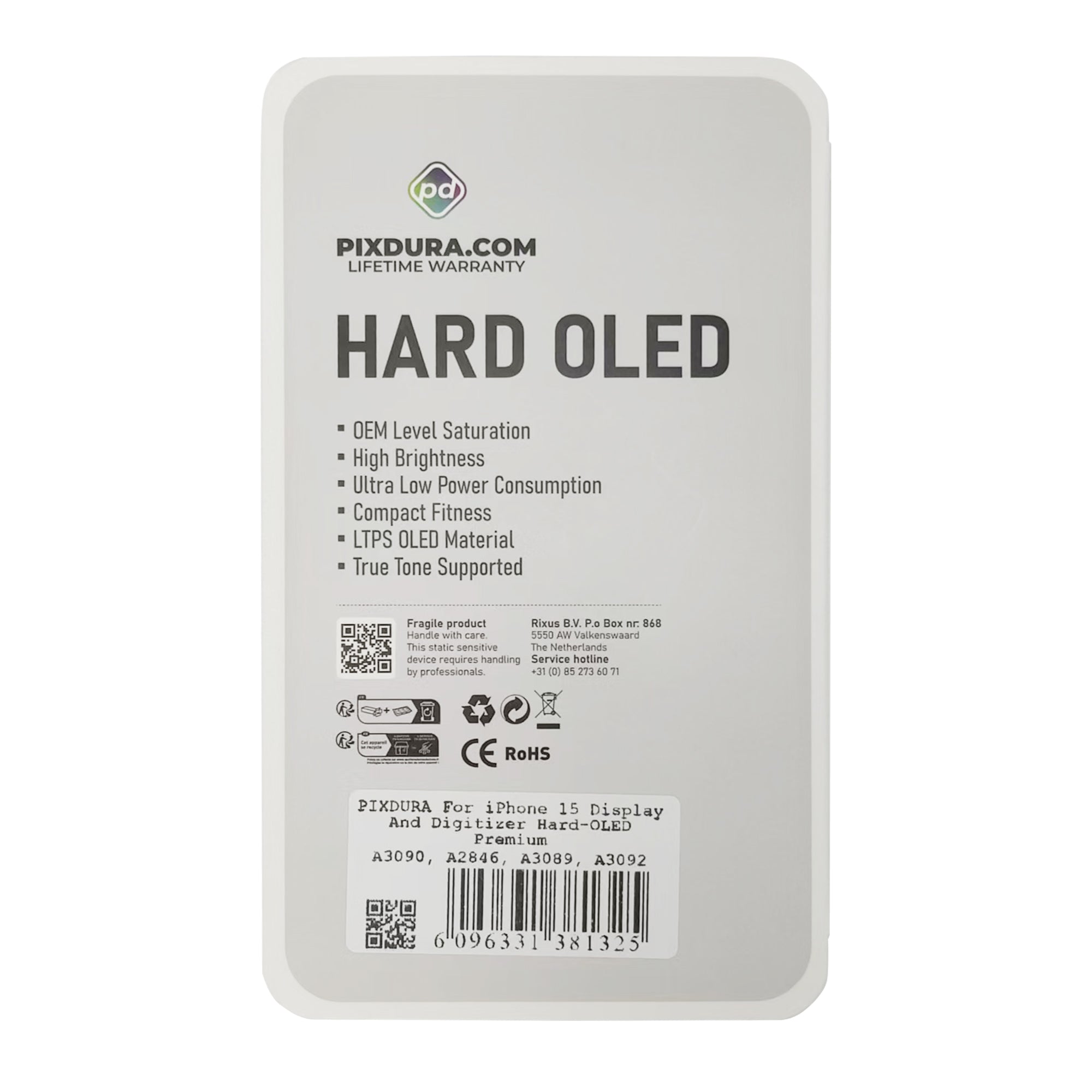 PIXDURA For Apple iPhone 15 Display And Digitizer Hard-OLED Premium (IC Removable) (90Hz)