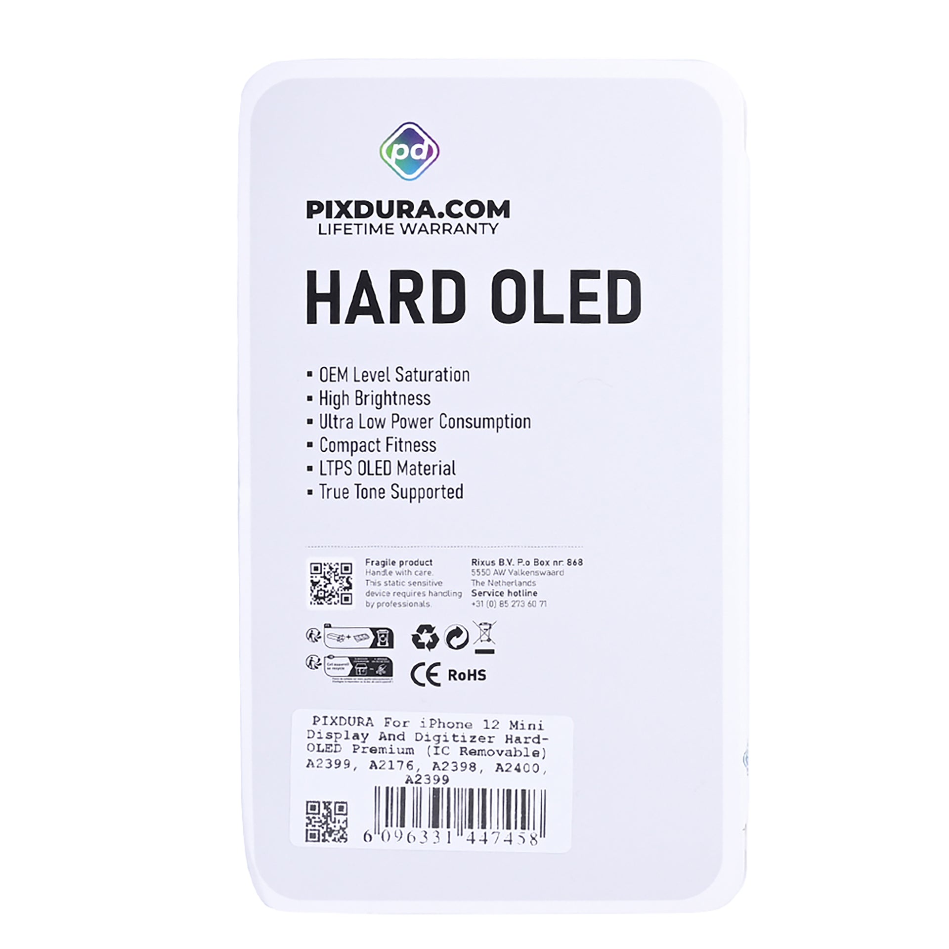 PIXDURA For Apple iPhone 12 Mini Display And Digitizer Hard-OLED Premium (IC Removable) (60Hz)