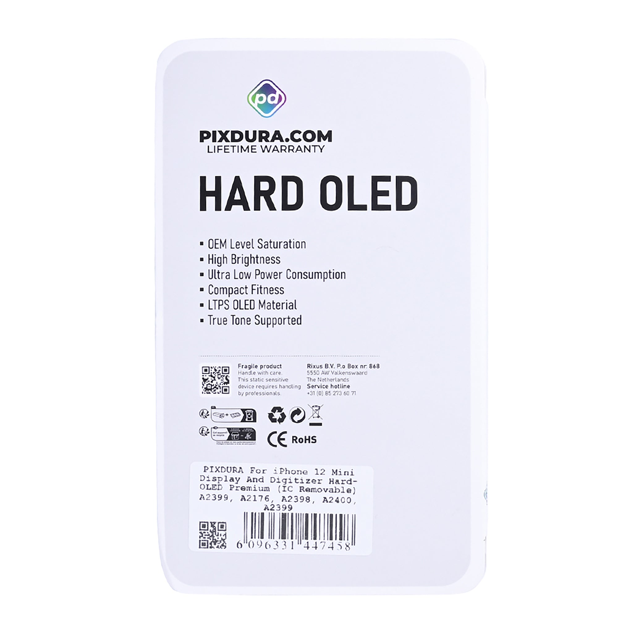 PIXDURA For Apple iPhone 12 Mini Display And Digitizer Hard-OLED Premium (IC Removable) (60Hz)