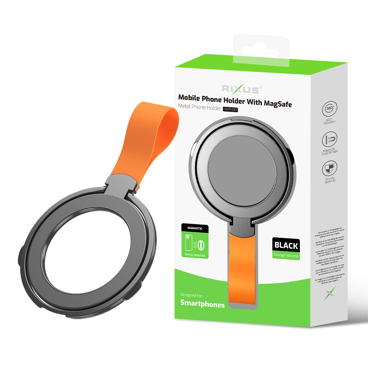 Rixus RXPH20BO Mobile Phone Holder With MagSafe Compatible Black And Orange