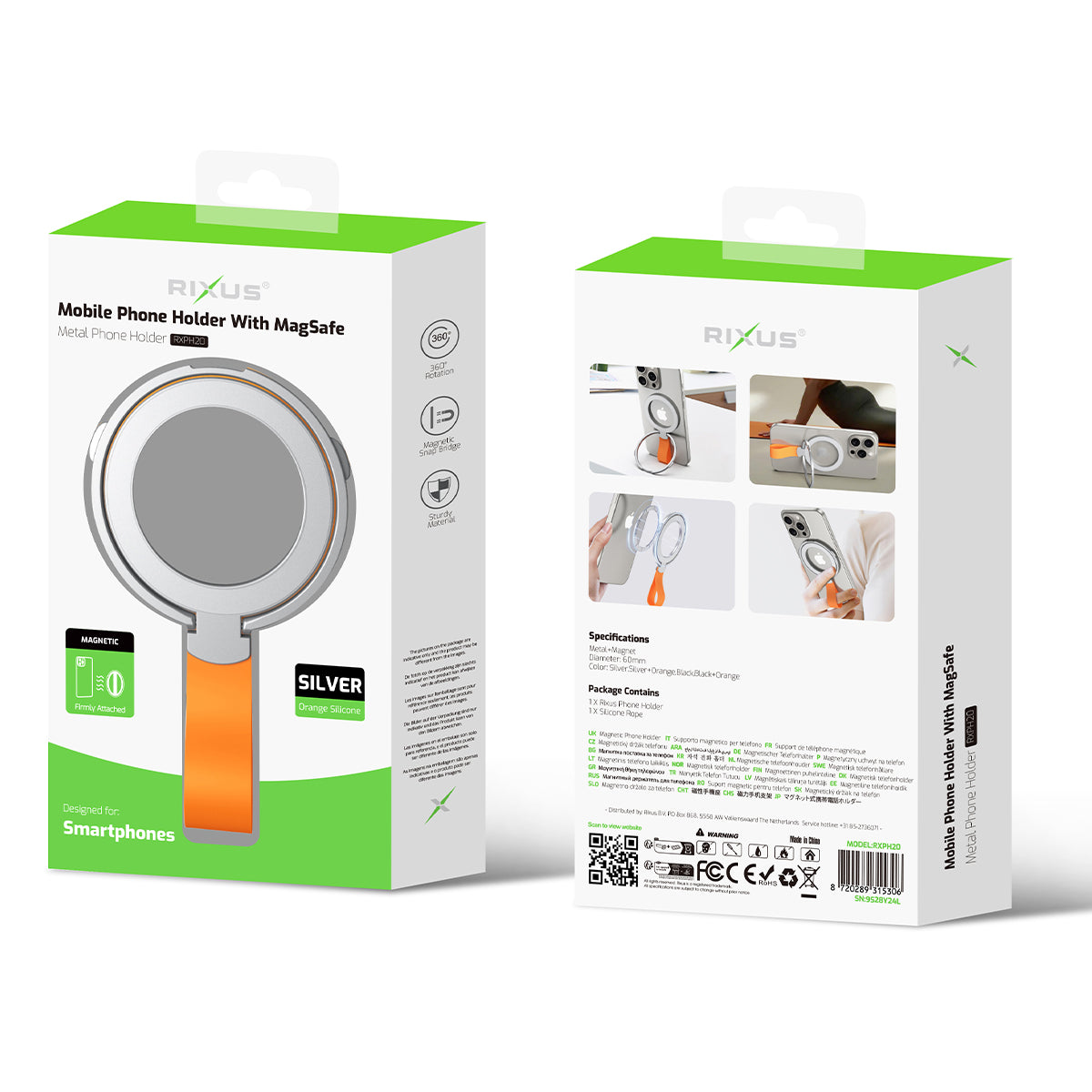 Rixus RXPH20SO Mobile Phone Holder With MagSafe Compatible Silver And Orange