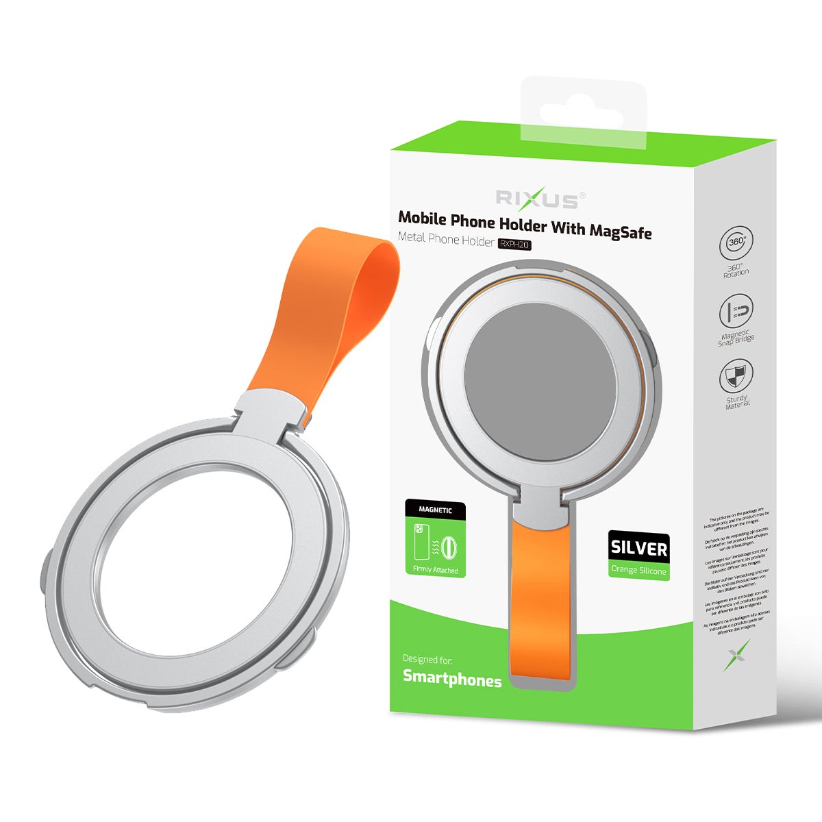 Rixus RXPH20SO Mobile Phone Holder With MagSafe Compatible Silver And Orange