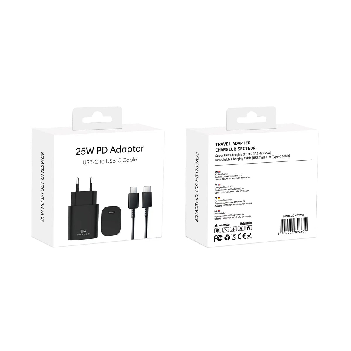 PD Fast Charging Adapter CH25W09 USB-C To USB-C 25W Black Retail Box