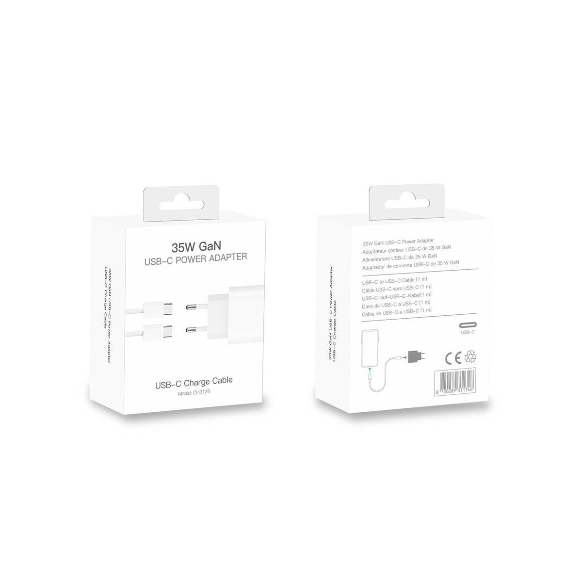 GaN Power Adapter CH3126 USB-C To USB-C Cable 100cm 35W White Retail Box