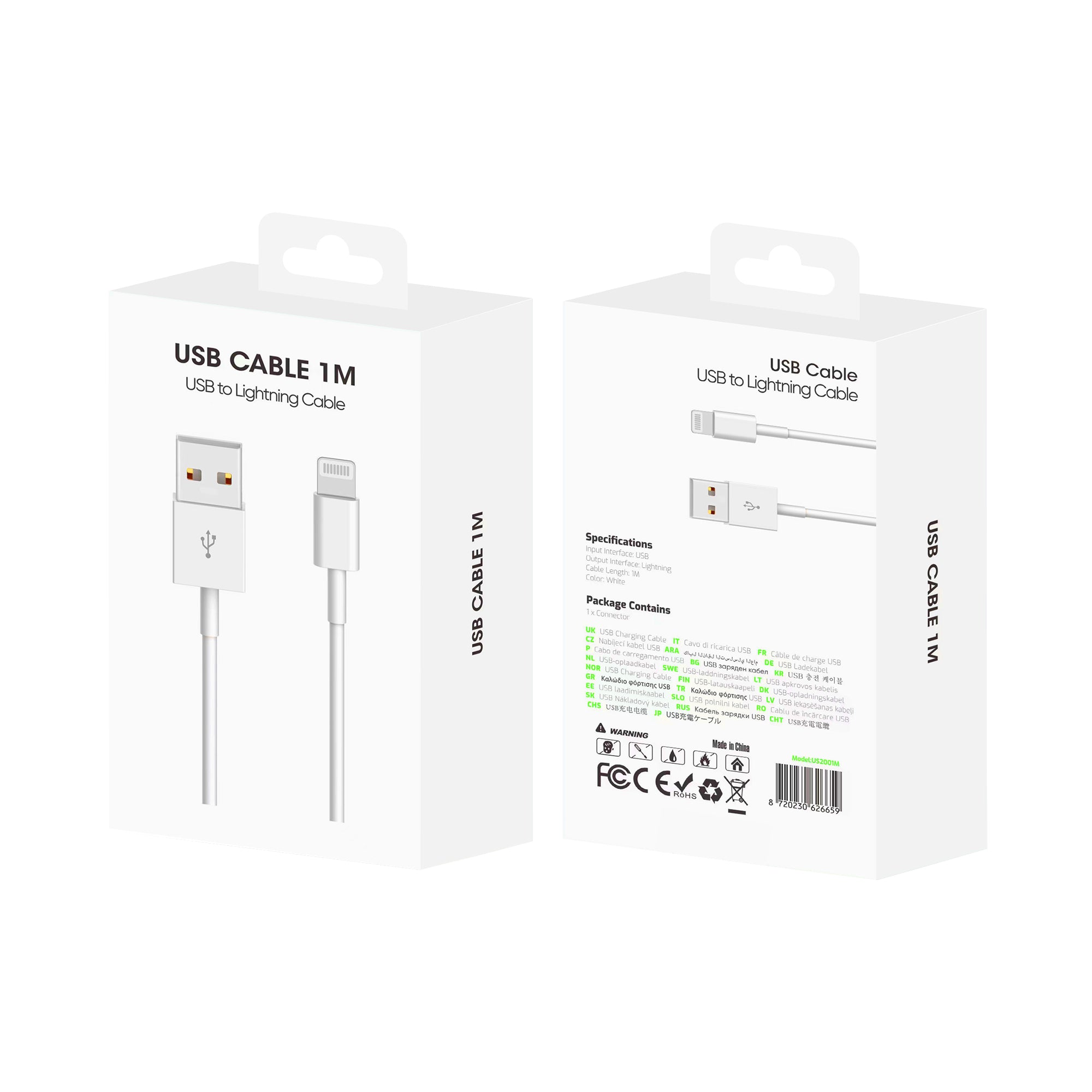 For Apple iPhone USB-A To Lightning Cable US2001M 100cm White Retail Box