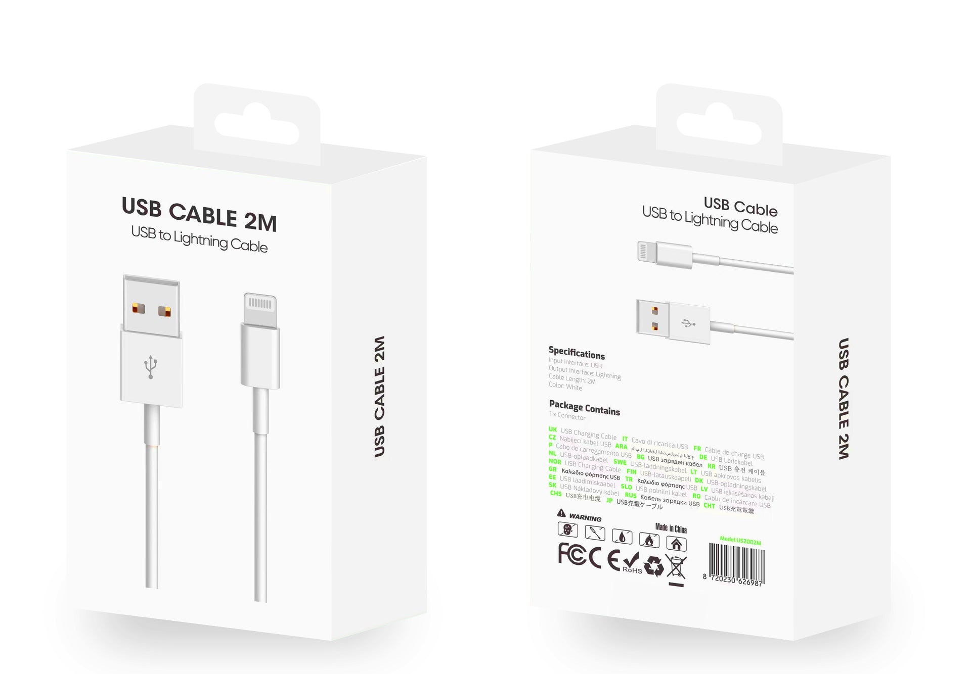 For Apple iPhone USB-A To Lightning Cable US2002M 200cm White Retail Box