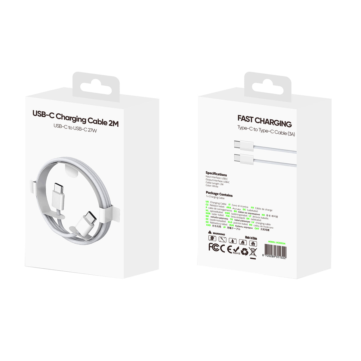 For Apple iPhone 15 Series Fast Charging USB-C To USB-C Cable US3002M 200cm White Retail Box