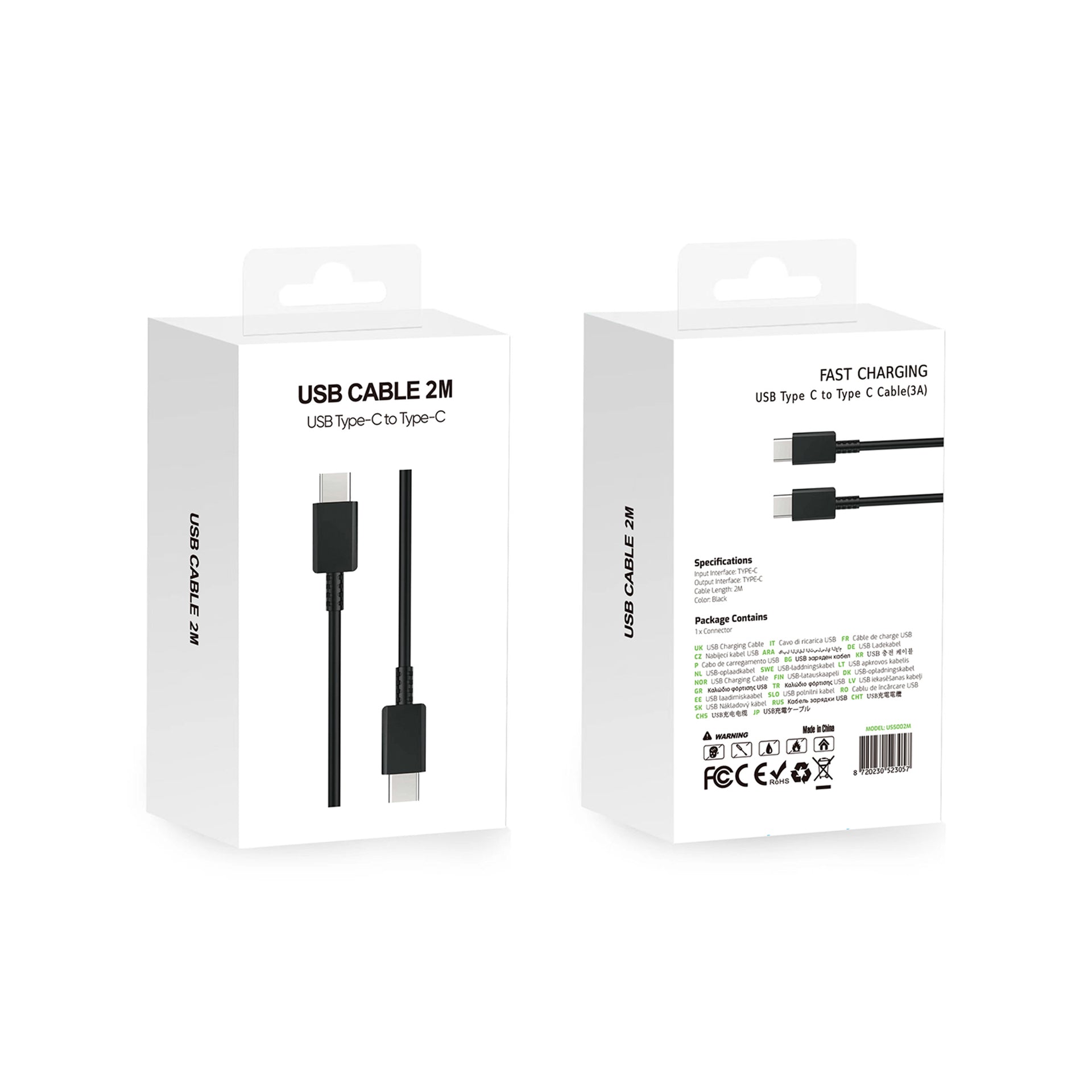 Fast Charging US5002M USB-C To USB-C Cable 200cm Black Retail Box