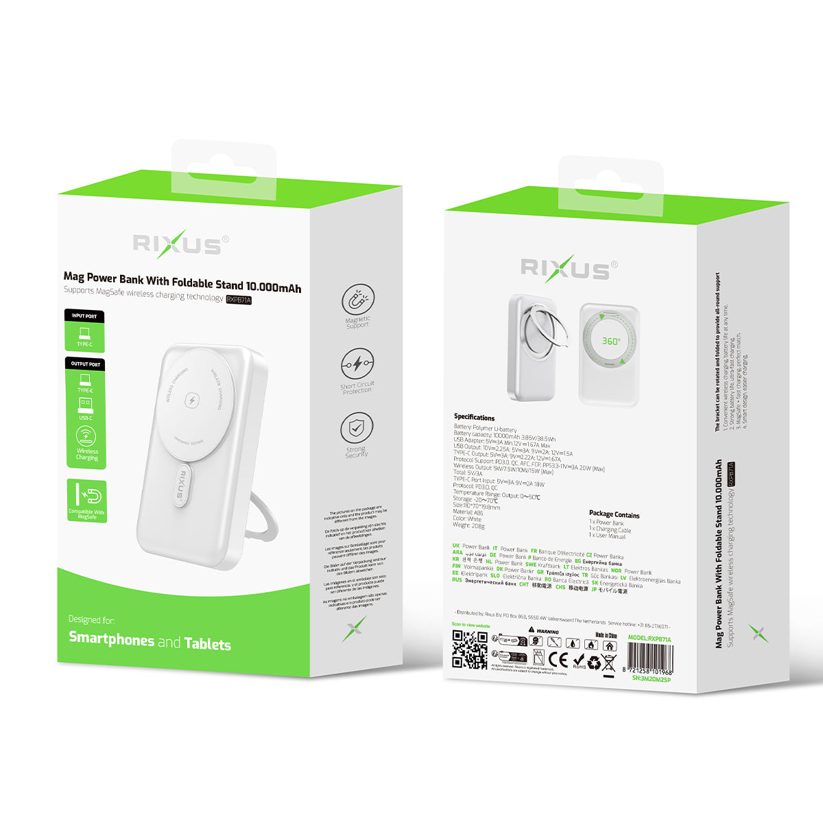 Rixus RXPB71A MagSafe Compatible Powerbank 10000mAh With Foldable Stand White