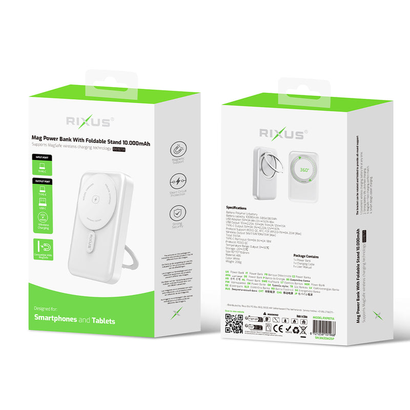 Rixus RXPB71A MagSafe Powerbank 10.000mAh With Foldable Stand White
