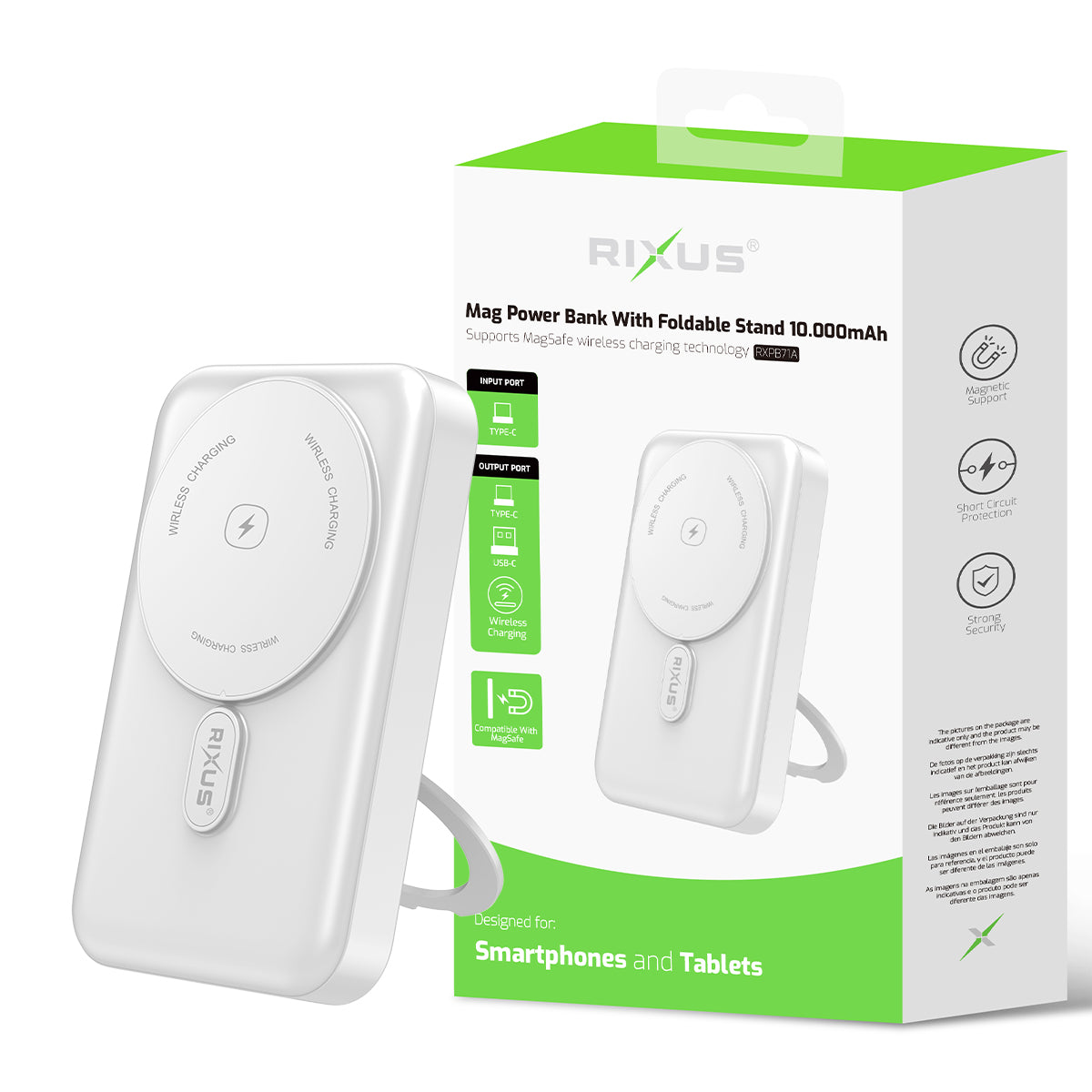 Rixus RXPB71A MagSafe Compatible Powerbank 10000mAh With Foldable Stand White