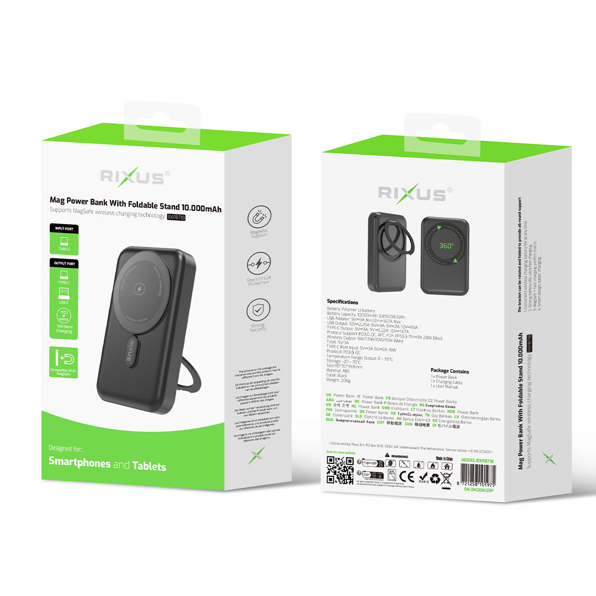 Rixus RXPB71B MagSafe Compatible Powerbank 10000mAh With Foldable Stand Black