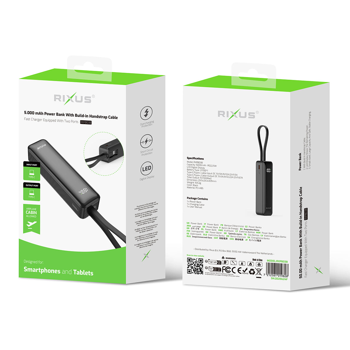 Rixus RXPB03B Digital Display Powerbank 5000mAh With USB-C Cable Built-in Black
