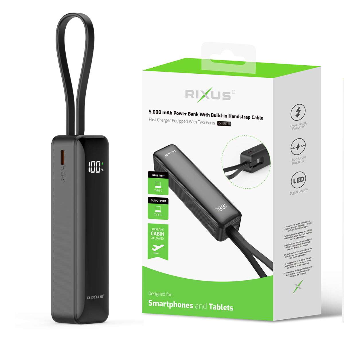 Rixus RXPB03B Digital Display Powerbank 5000mAh With USB-C Cable Built-in Black