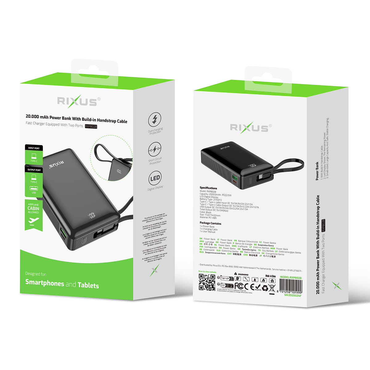 Rixus RXPB02B Digital Display Powerbank 20000mAh With USB-C Cable Built-in Black