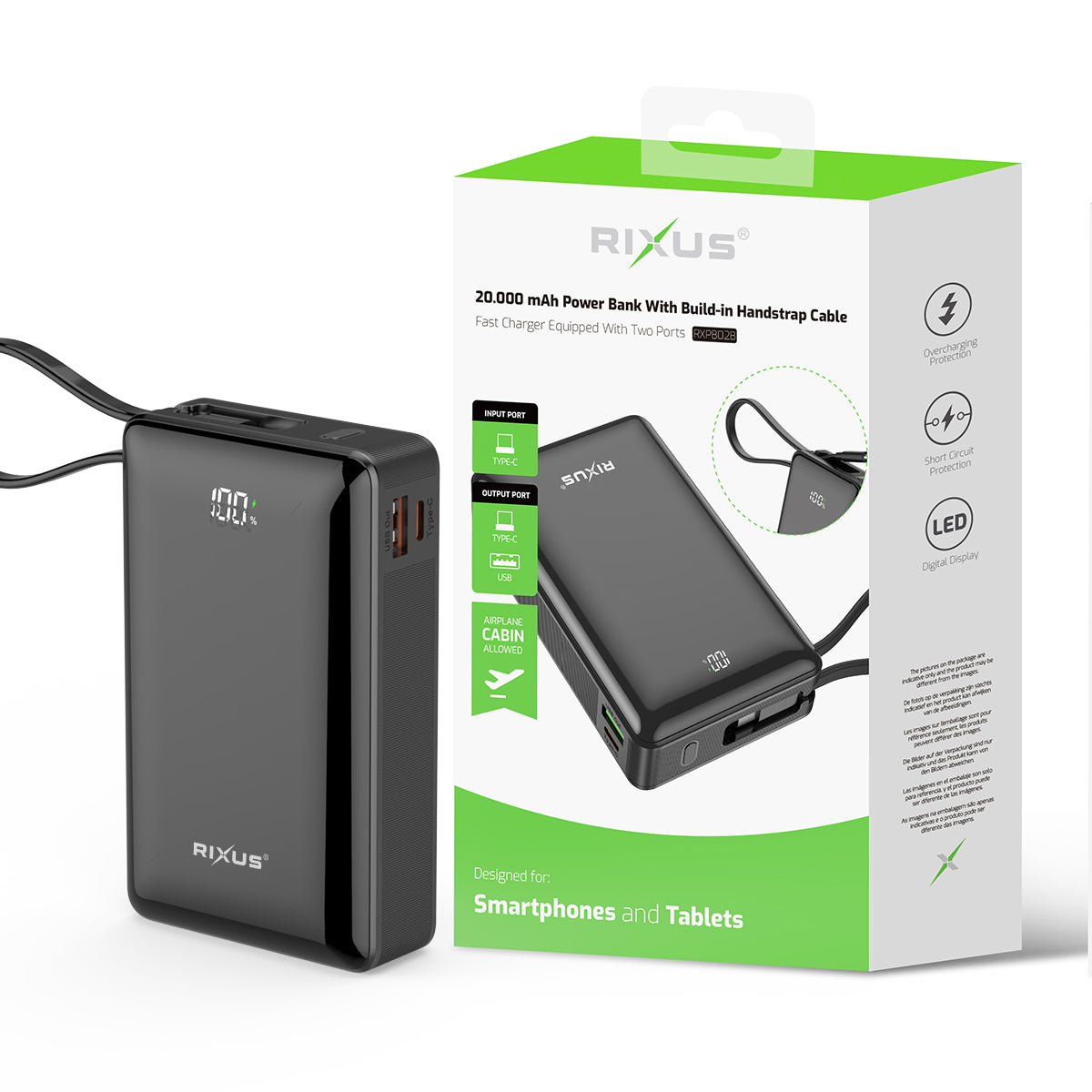 Rixus RXPB02B Digital Display Powerbank 20000mAh With USB-C Cable Built-in Black