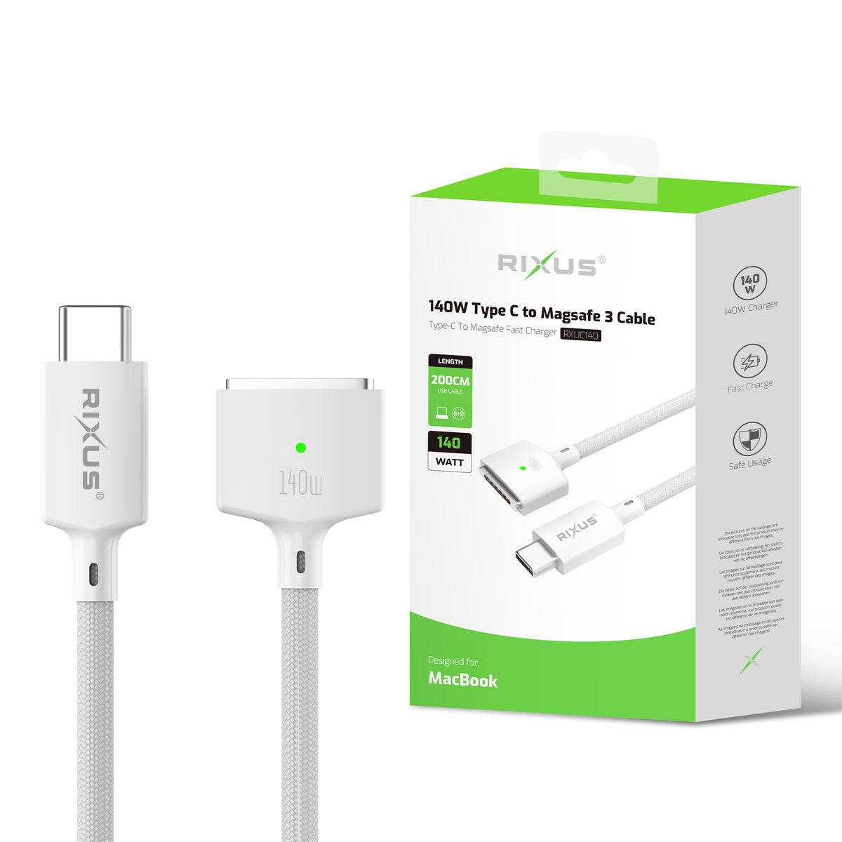 Rixus RXUC140 USB-C To MagSafe Compatible 3 Cable 140W White
