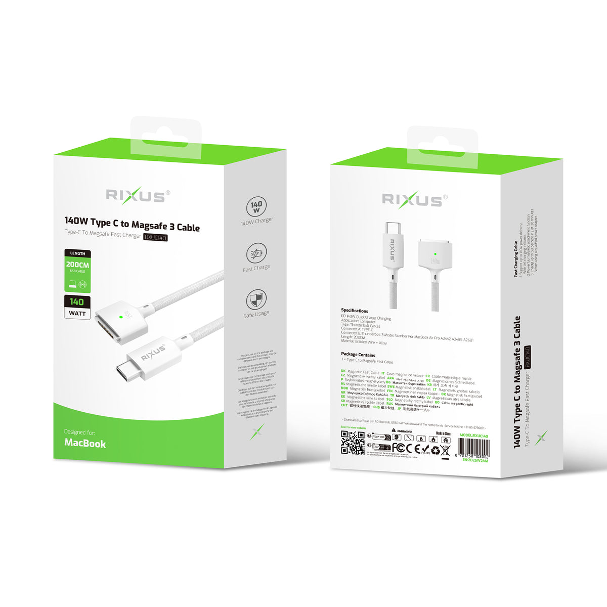 Rixus RXUC140 USB-C To MagSafe Compatible 3 Cable 140W White