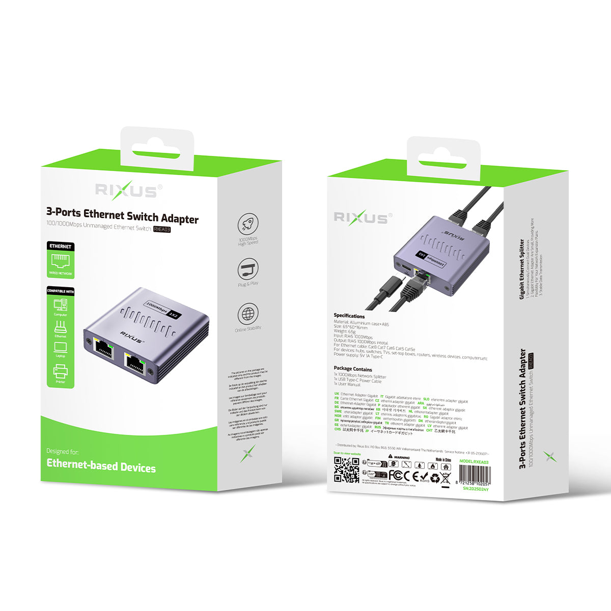 Rixus RXEA03 3-Ports Ethernet Switch Adapter Gray