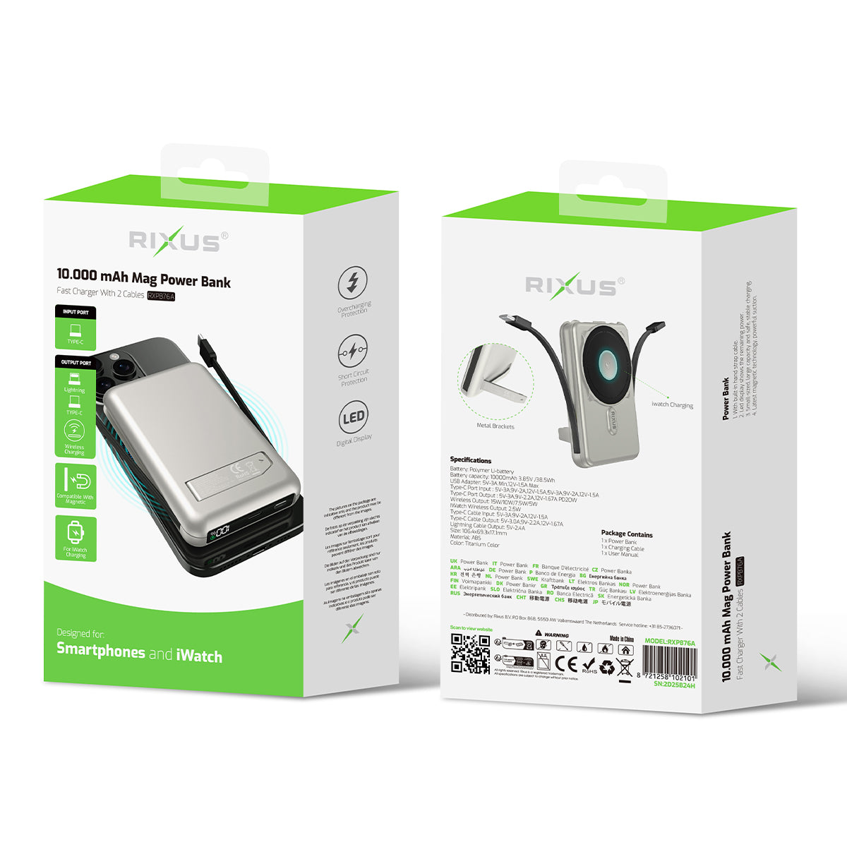 Rixus RXPB76A MagSafe Compatible Powerbank 10000mAh With Built-in Cable Silver