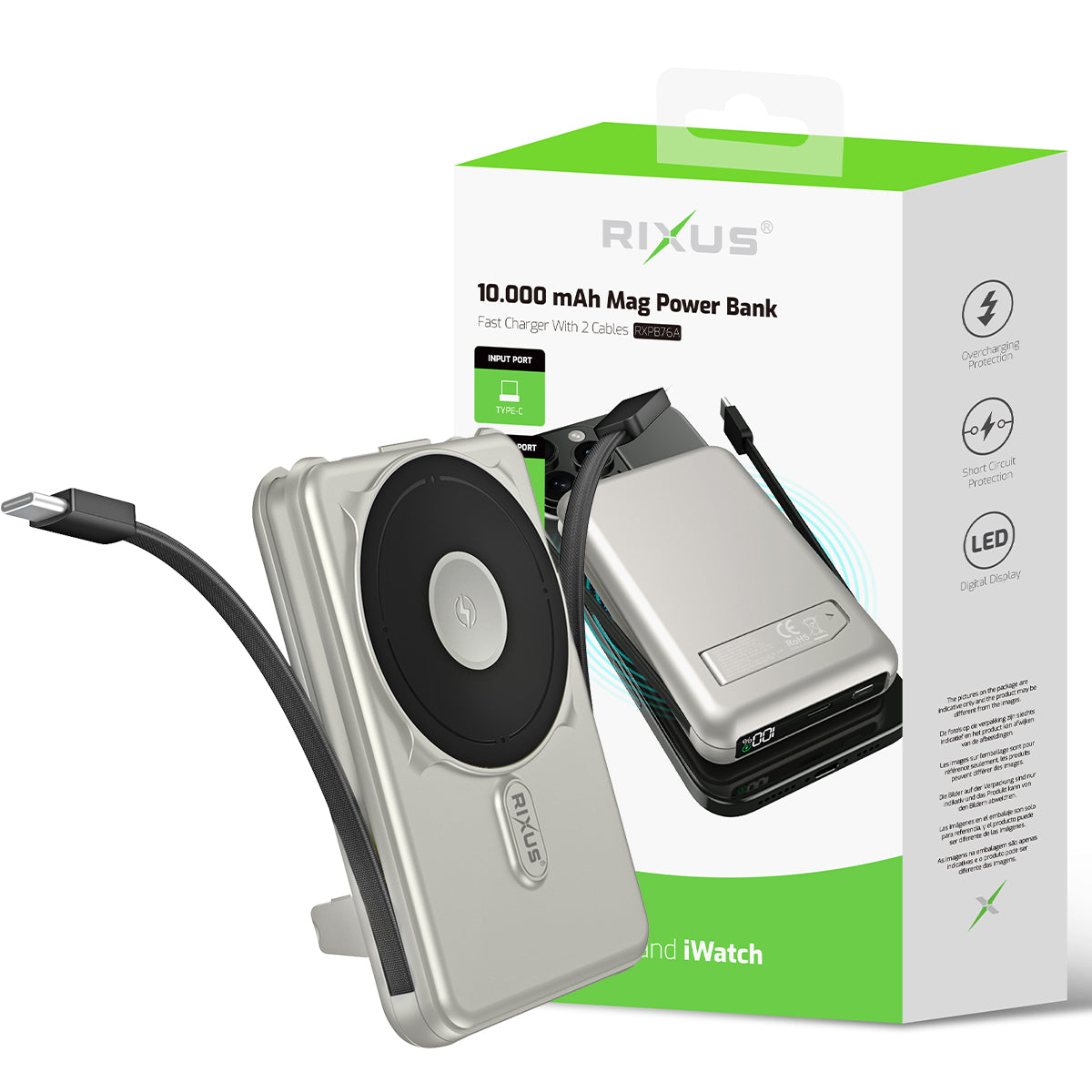 Rixus RXPB76A MagSafe Compatible Powerbank 10000mAh With Built-in Cable Silver