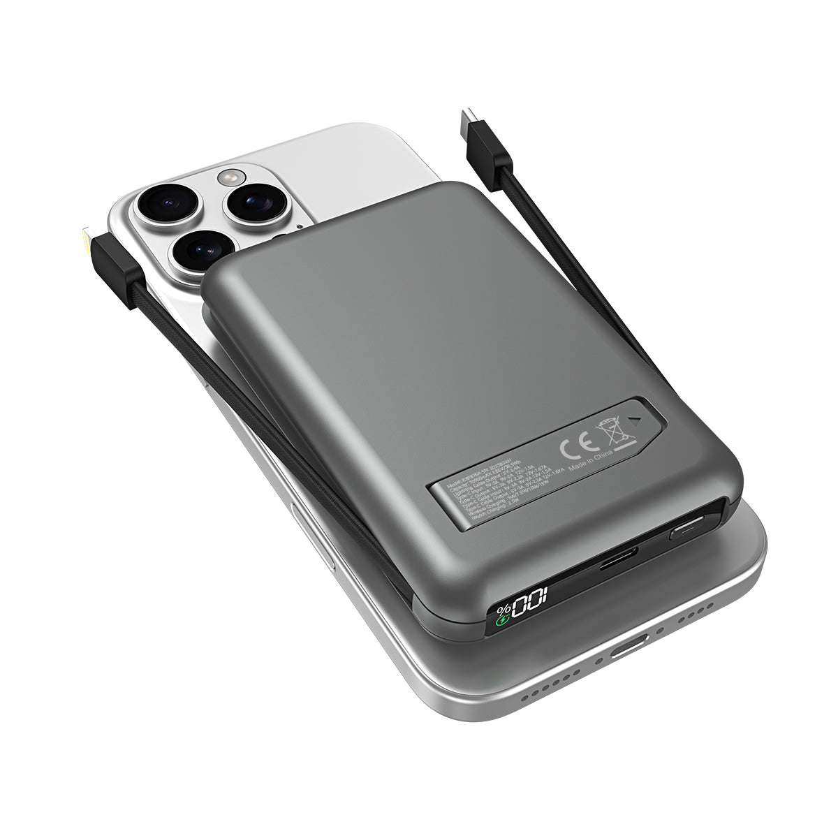 Rixus RXPB76B MagSafe Compatible Powerbank 10000mAh With Built-in Cable Gray