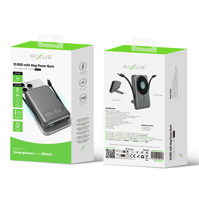 Rixus RXPB76B MagSafe Powerbank 10.000mAh With Built-in Cable Gray