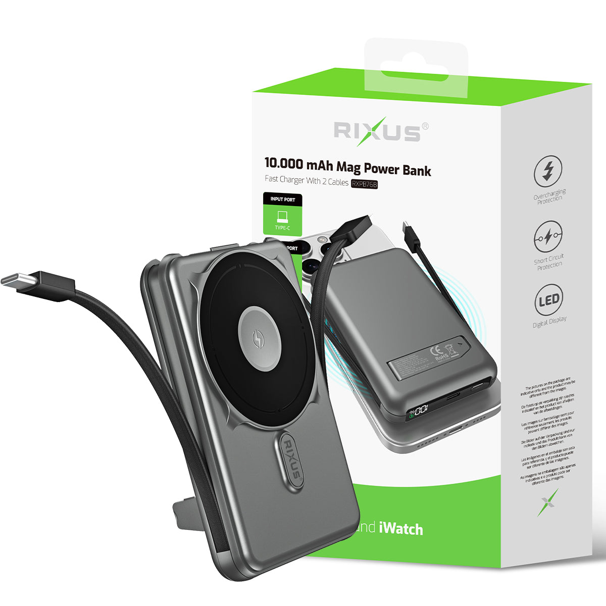 Rixus RXPB76B MagSafe Compatible Powerbank 10000mAh With Built-in Cable Gray