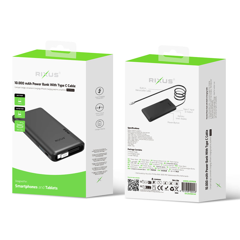 Rixus RXPB08 Powerbank With Built-in USB-C Cable 70CM 10.000mAh 22.5W Black