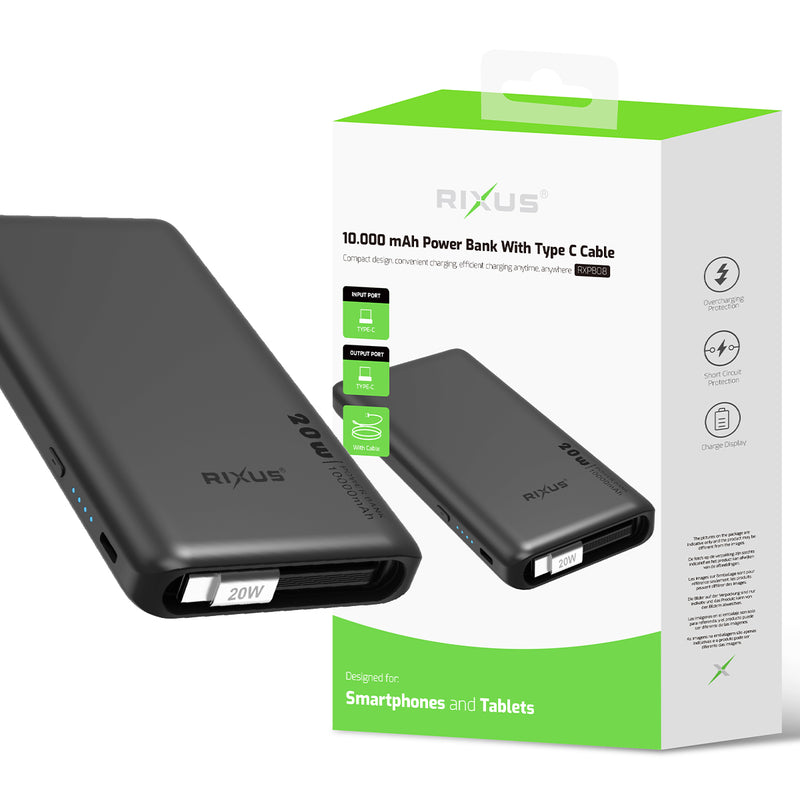 Rixus RXPB08 Powerbank With Built-in USB-C Cable 70CM 10.000mAh 22.5W Black