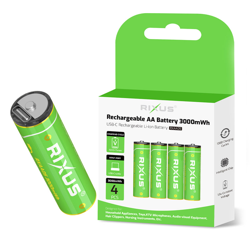 Rixus RXAA05 Rechargeable AA Battery 3000mWh With USB-C Cable 4-Pack