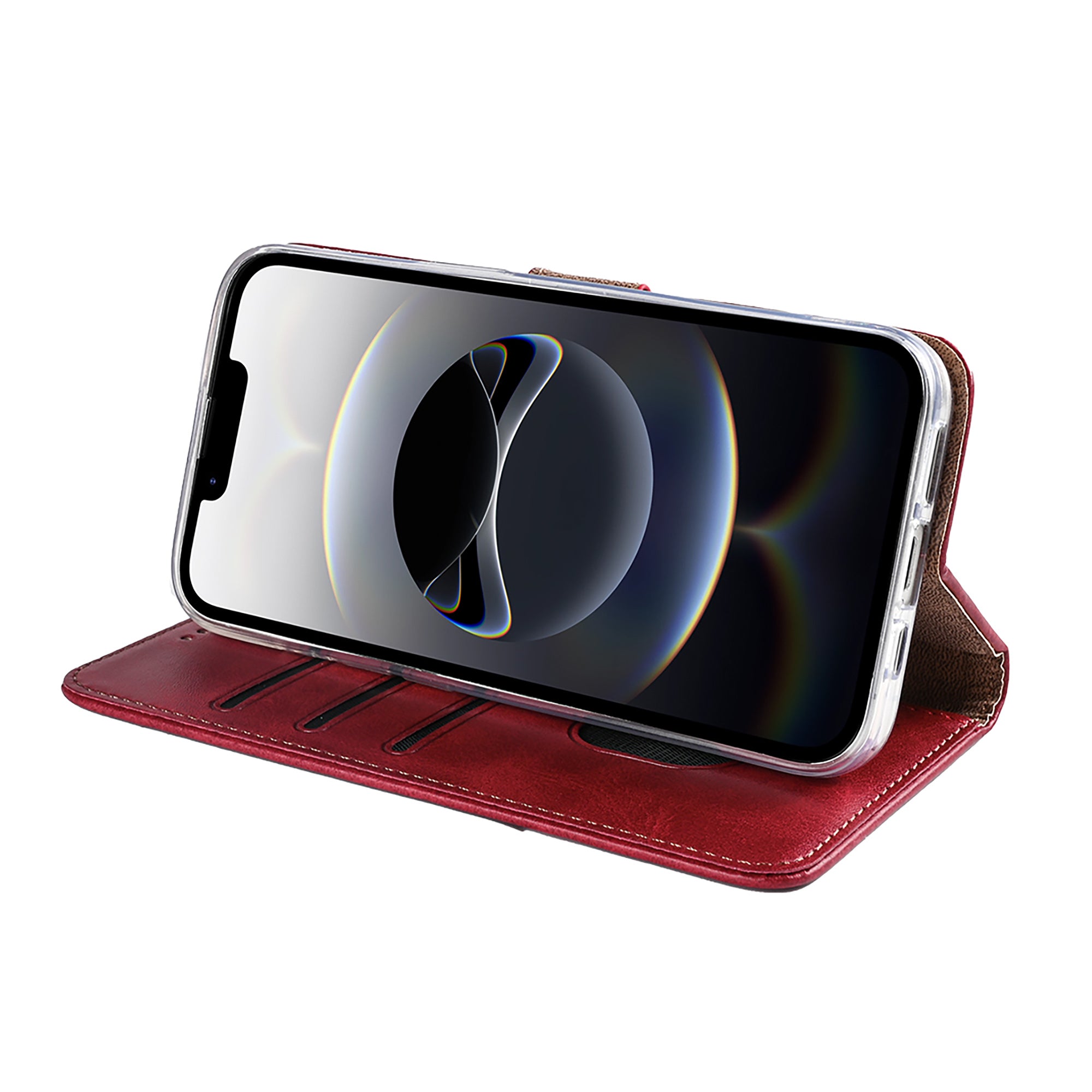 Rixus Bookcase For Apple iPhone 16e, 17e Dark Red