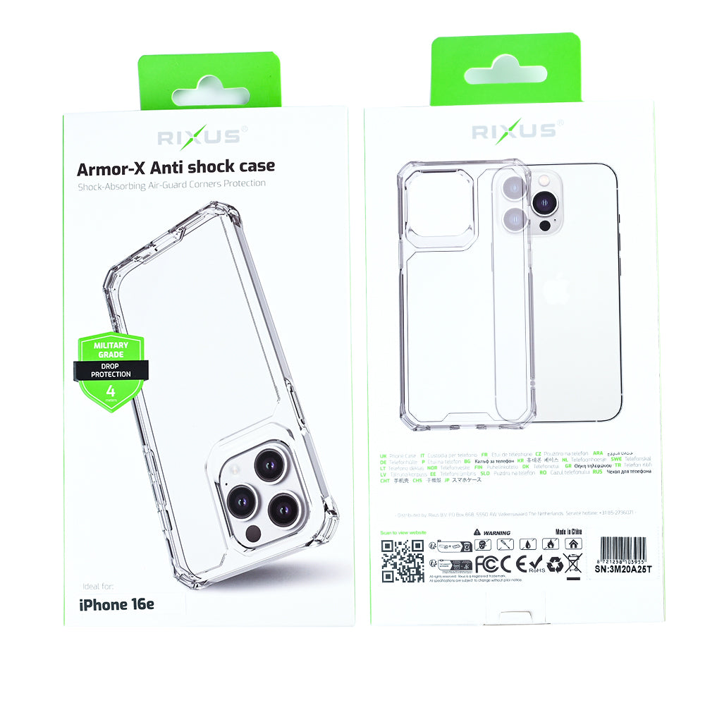 Rixus Armor-X Anti Shock Case For Apple iPhone 16e, 17e Transparent