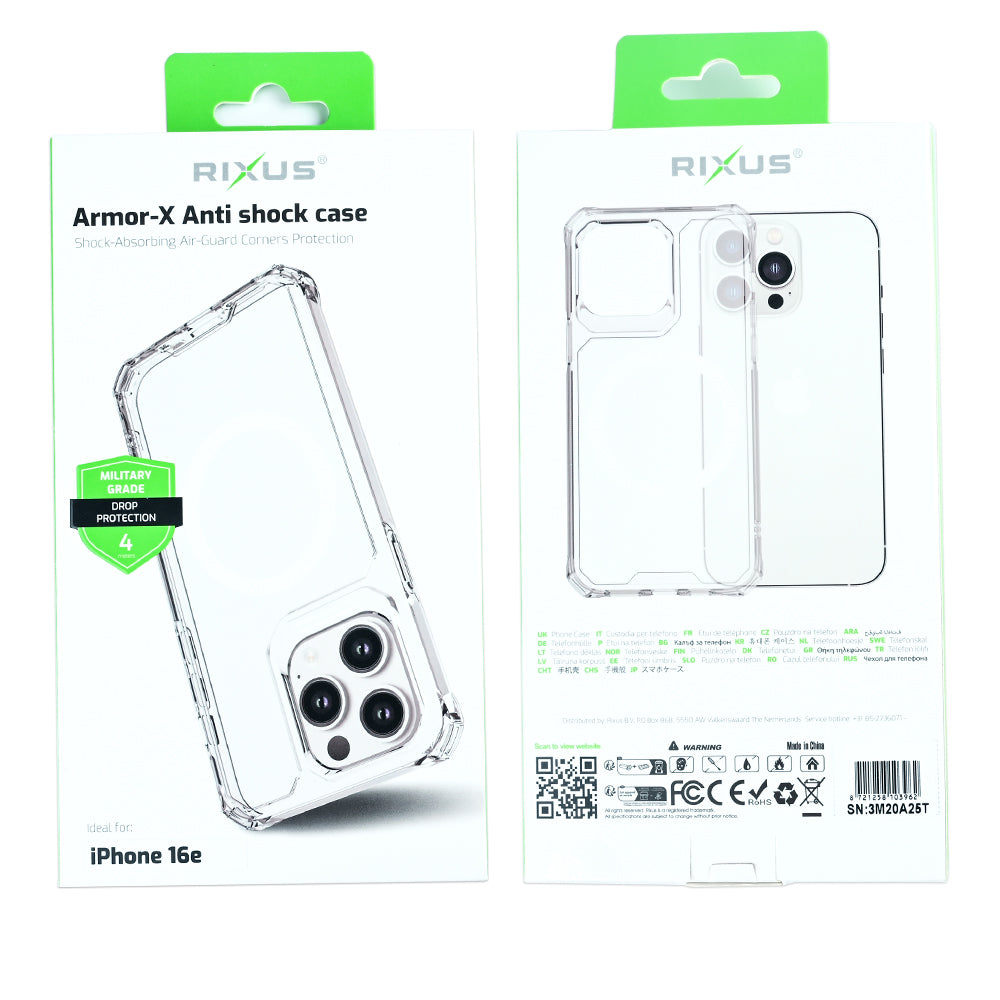 Rixus Armor-X Anti Shock Case With MagSafe Compatible For Apple iPhone 16e, 17e Transparent