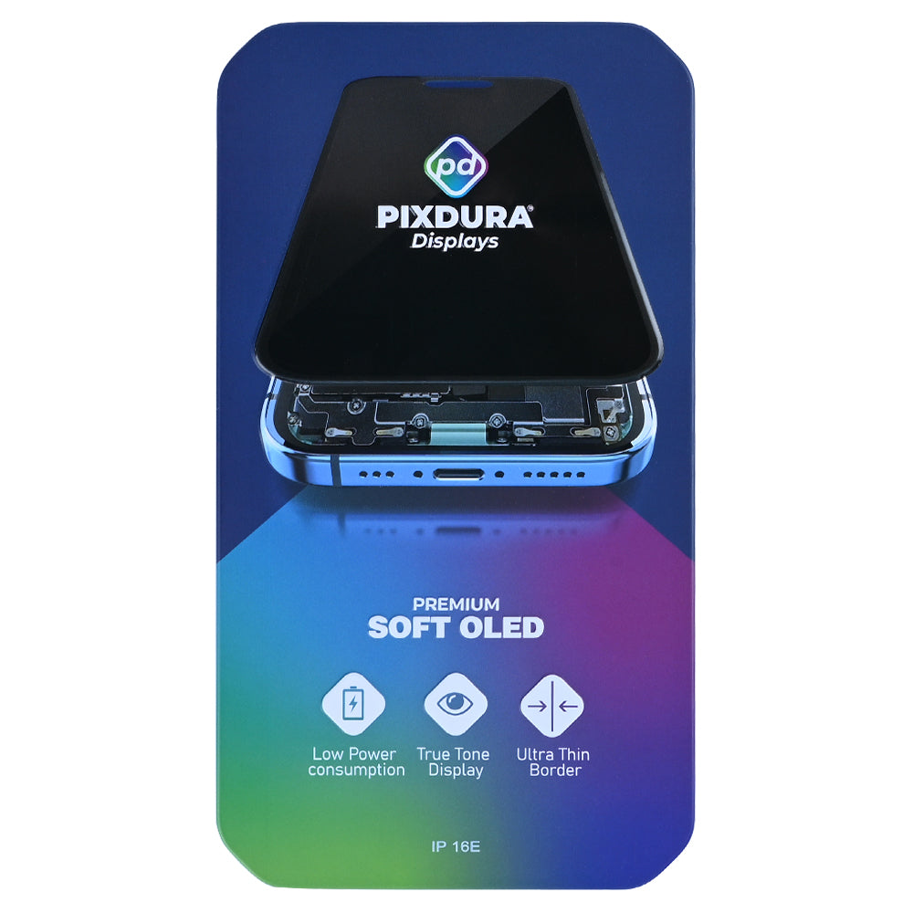 PIXDURA For Apple iPhone 16e, 17e Display And Digitizer Soft-OLED Premium (IC Removable) (60Hz)