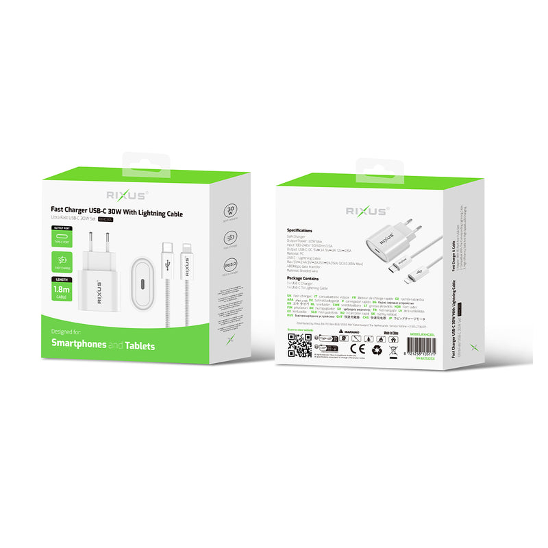 Rixus RXHC30L Fast Charger USB-C To Lightning Cable 180CM 30W White