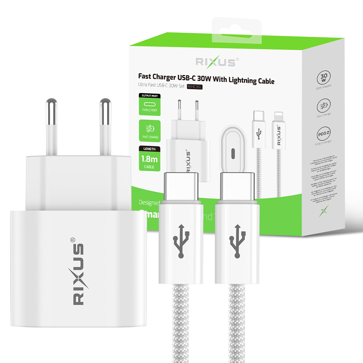 Rixus RXHC30L Fast Charger USB-C To Lightning Connector Cable 1.8m 30W White
