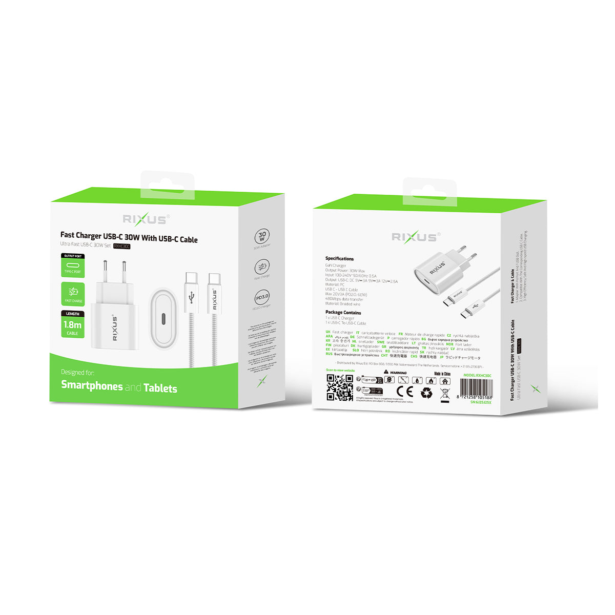 Rixus RXHC30C Fast Charger USB-C To USB-C Cable 1.8m 30W White