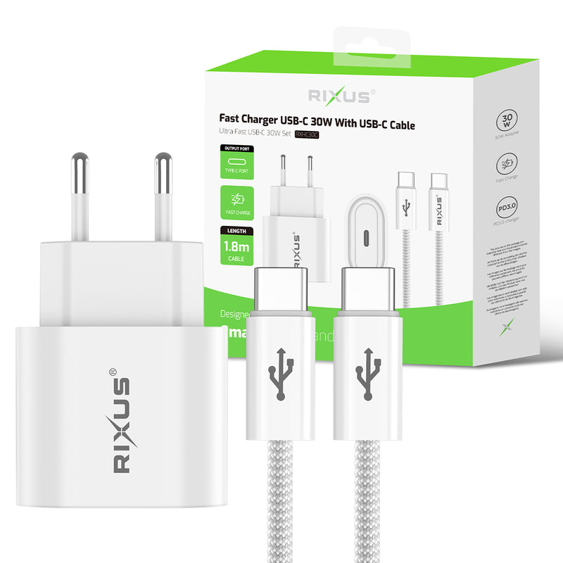 Rixus RXHC30C Fast Charger USB-C To USB-C Cable 180CM 30W White