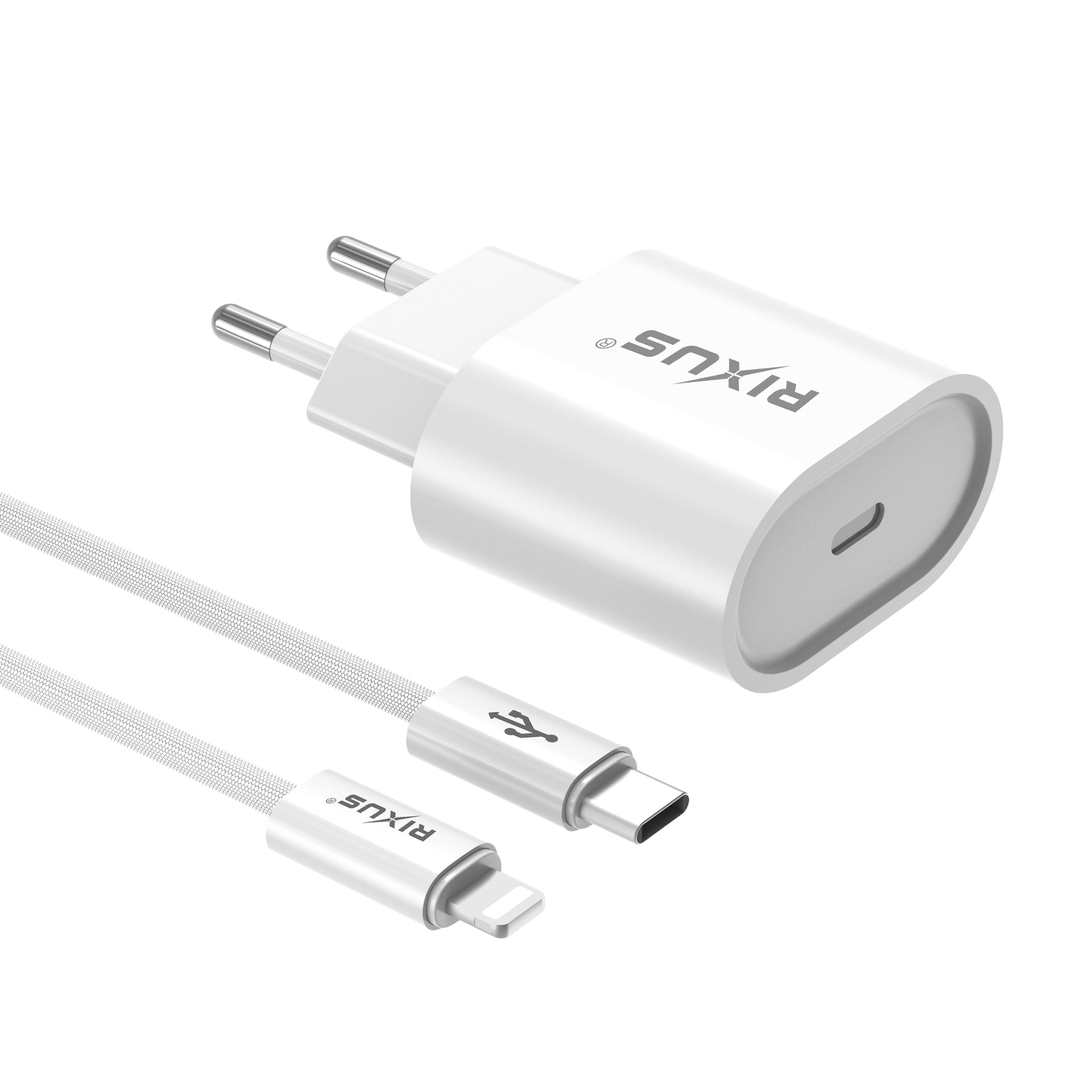 Rixus RXHC20L Fast Charger USB-C To Lightning Connector Cable 1.8m 20W White