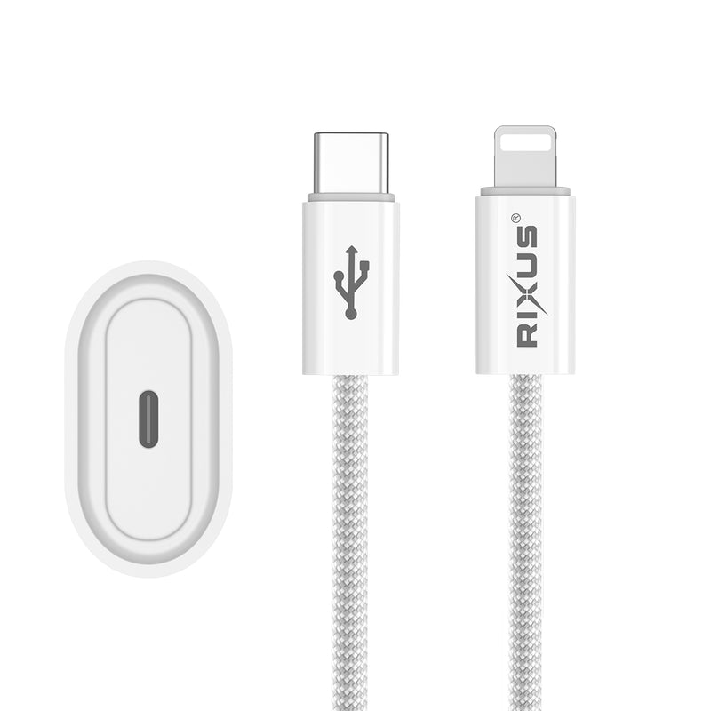 Rixus RXHC20L Fast Charger USB-C To Lightning Cable 180CM 20W White